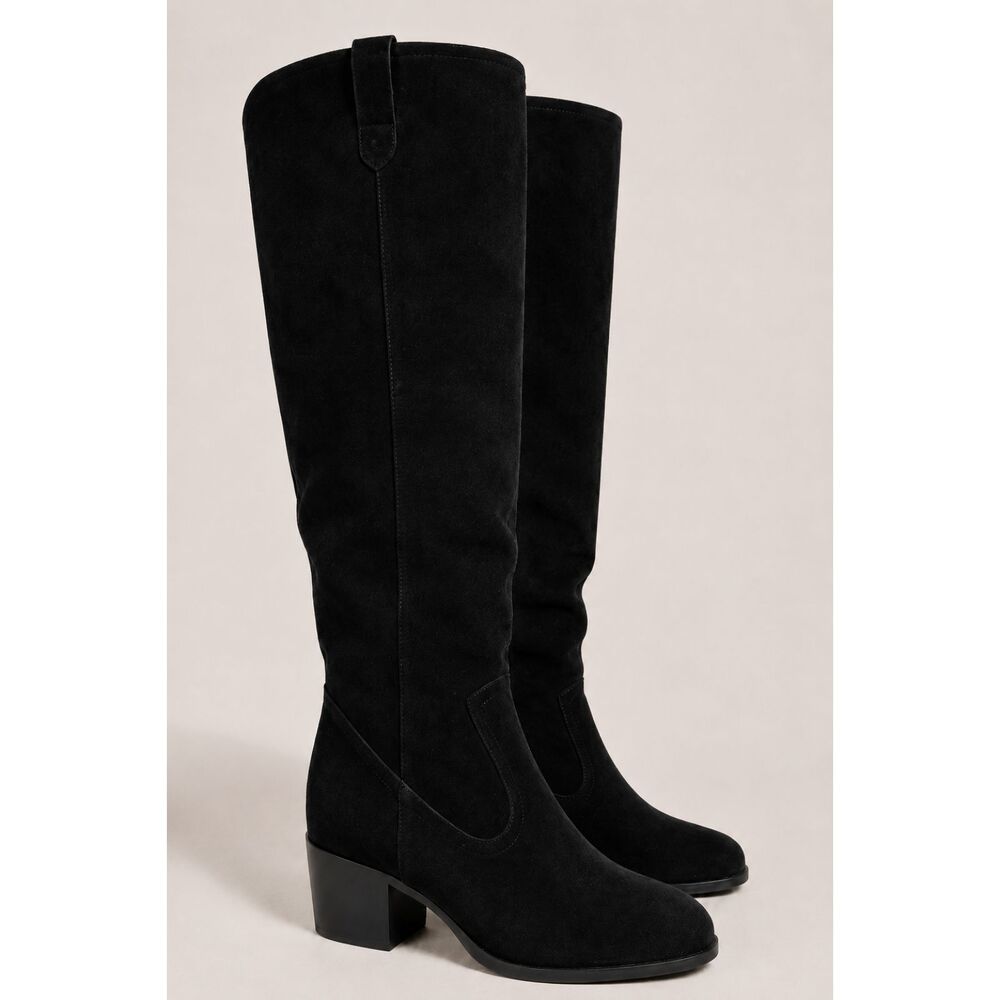 Black Velvet Boots Knee High 2" Block heel Shoes Size 9 / 40